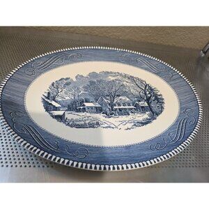 ROYAL CHINA CURRIER & IVES BLUE 13" OVAL PLATTER OLD INN WINTER Vintage